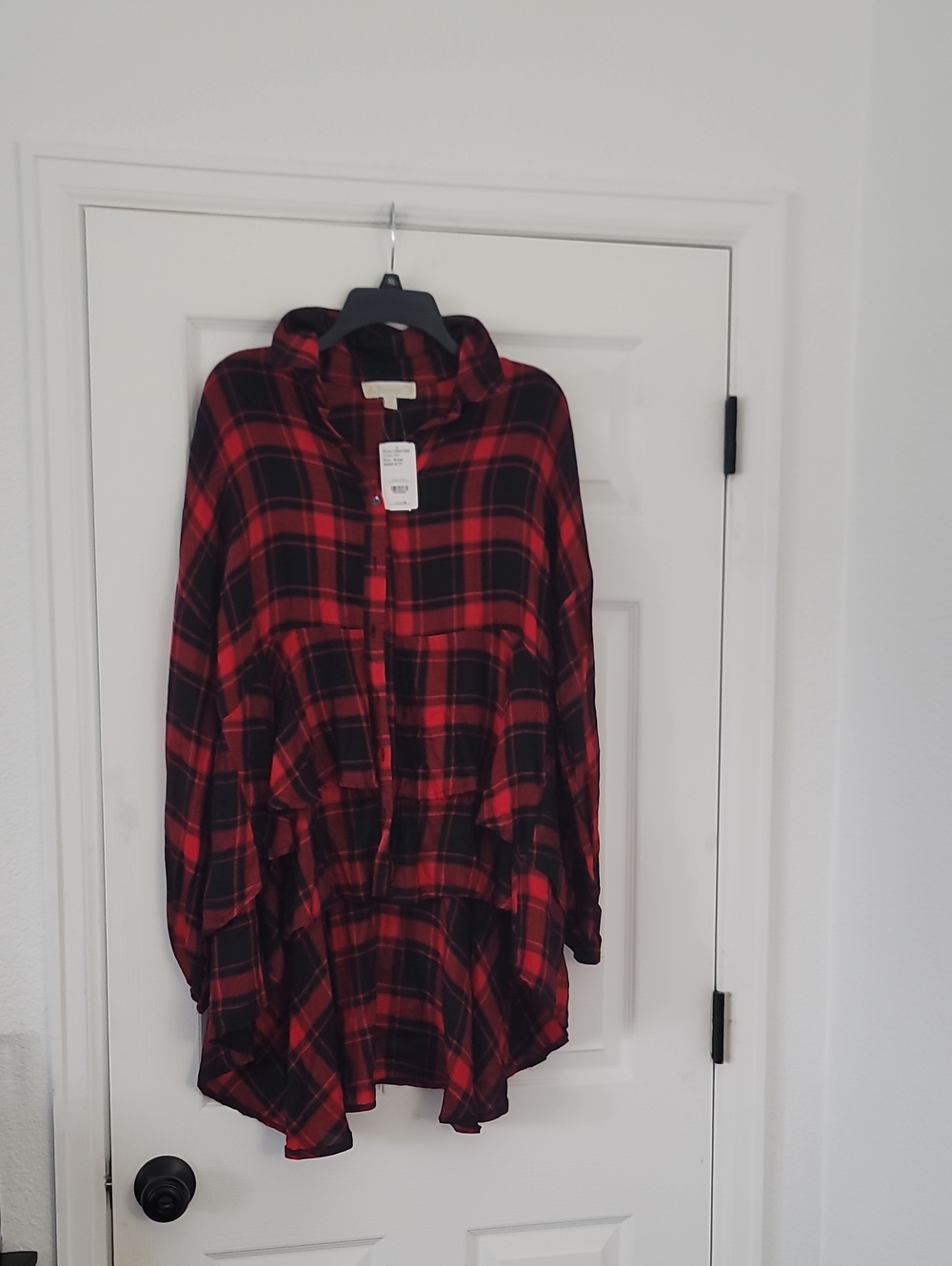 Red and Black Plaid Midi Dress with Relaxed Shirt Silhouette